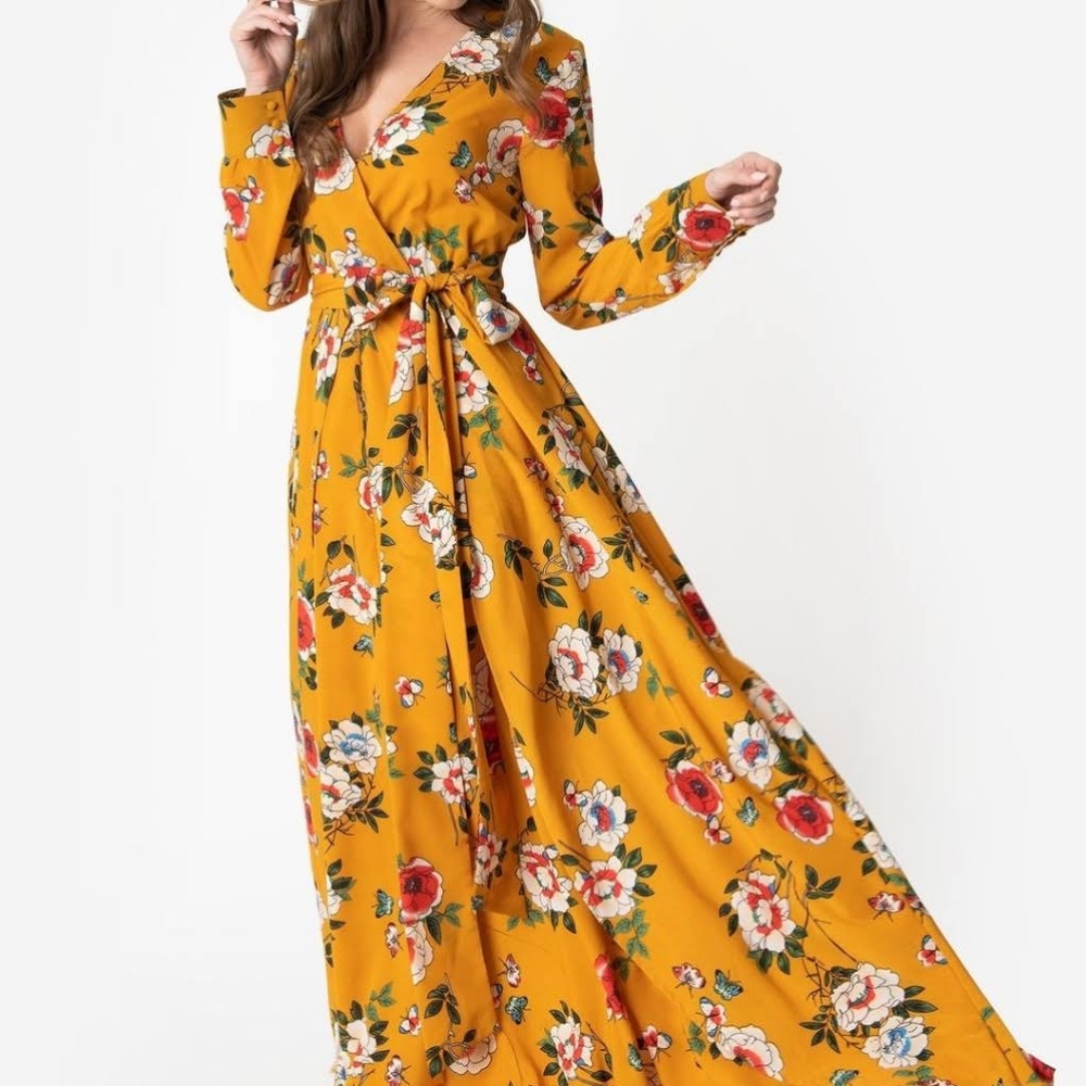 Unique Vintage plus size yellow maxi boho dress floral cute
